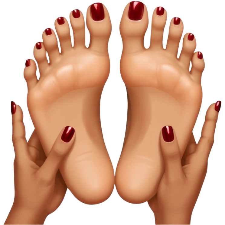 One beautiful foot and one pretty hand placed naturally on top of each other with matching metallic deep red painted nails. emoji
