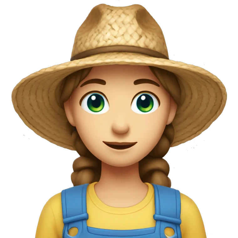 farmer girl with blue eyes, brown hair, with a straw hat, ponytail, holding greens emoji