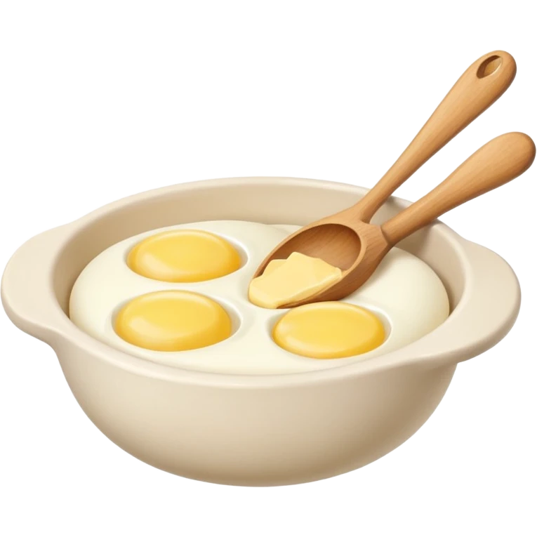 a dozen eggs, a ceramic mixing bowl with a wooden spoon and a plate of butter emoji