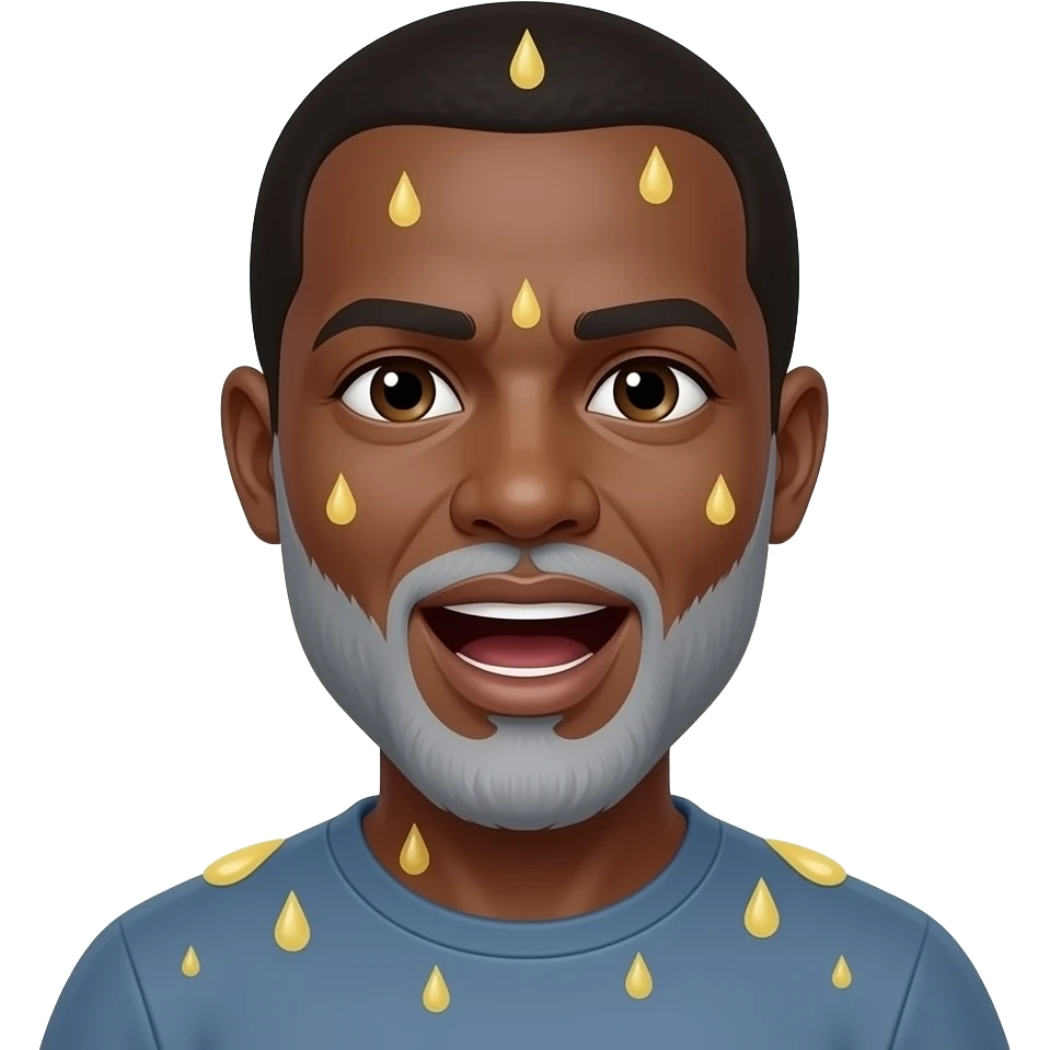Lots of Yellow rain drops splash on black man with grey beard mouth open emoji