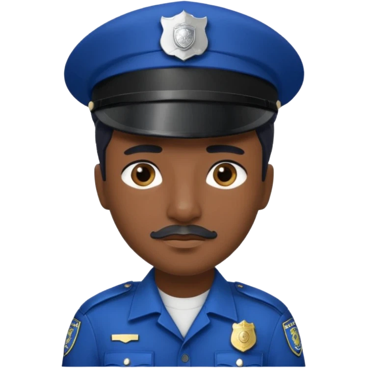 A police officer with dark skin tone, wearing a dark blue police cap with a silver badge in the center, short black hair mostly covered by the cap, large brown eyes, a small black mustache, and a neutral expression. emoji