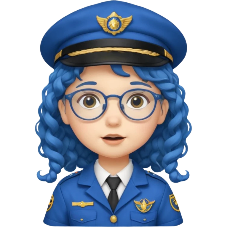 scout girl baby with uniform including the hat,  little with glassess and long curly blue hair emoji