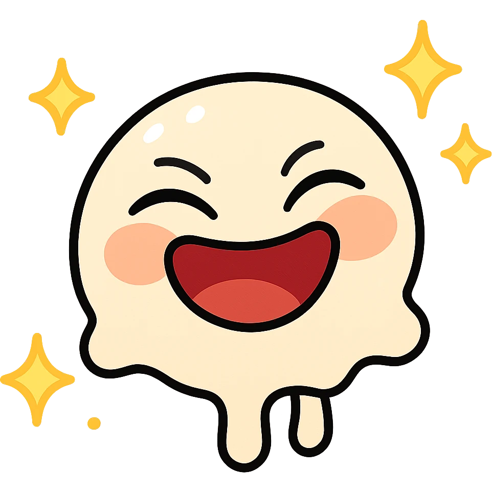 Create an animated version of the emoji with a joyful and laughing expression, eyes squinting and mouth wide open in a smile, with a sparkling effect around the face. The style should be simple and expressive. The background should be transparent. emoji