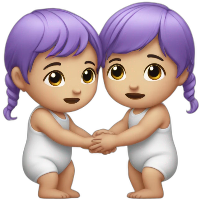 two crying white babies holding hands, one has purple hair emoji