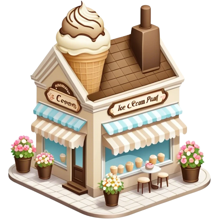 isometric exterior view of a beige and white ice cream parlour adorned with abundant florals emoji