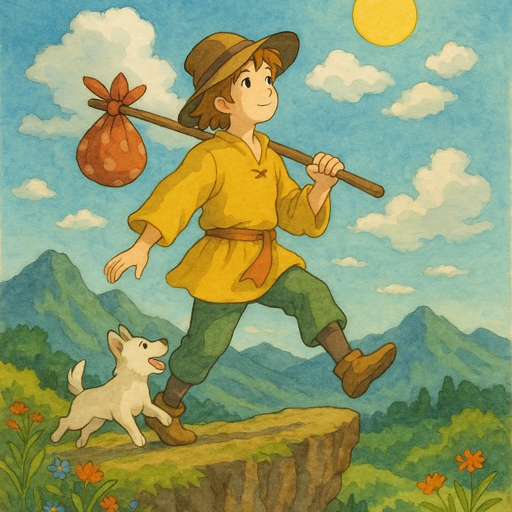 The Fool tarot card, detailed illustration, ghibli style, no text emoji