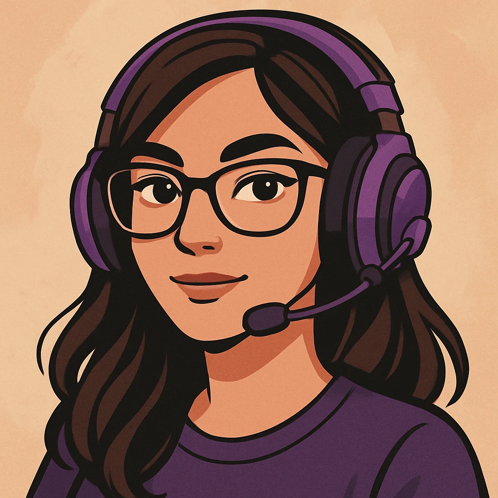 female brunette wearing glasses and a purple gaming headset, modern illustration style emoji
