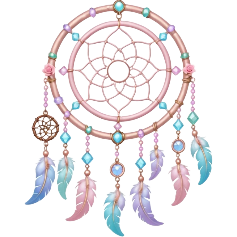 Rosy shiny glossy sparkly romantic pastel crescent damask moon with rose quartz pastel vines pastel gems pastel beads with feathers and chains  suncatcher-dreamcatcher emoji