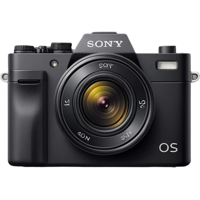 Ultra minimal black camera with 'Sony' text on top, basic camera shape with tiny lens, Sony branding visible emoji