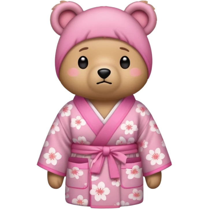 A cute light-brown bear wearing a pastel pink sakura-patterned kimono, normal balanced body ratio.  
Pulling out both empty pockets with a sad and embarrassed expression, small sigh lines.  
Kawaii emoji style, minimalistic clean sticker illustration, white background. emoji