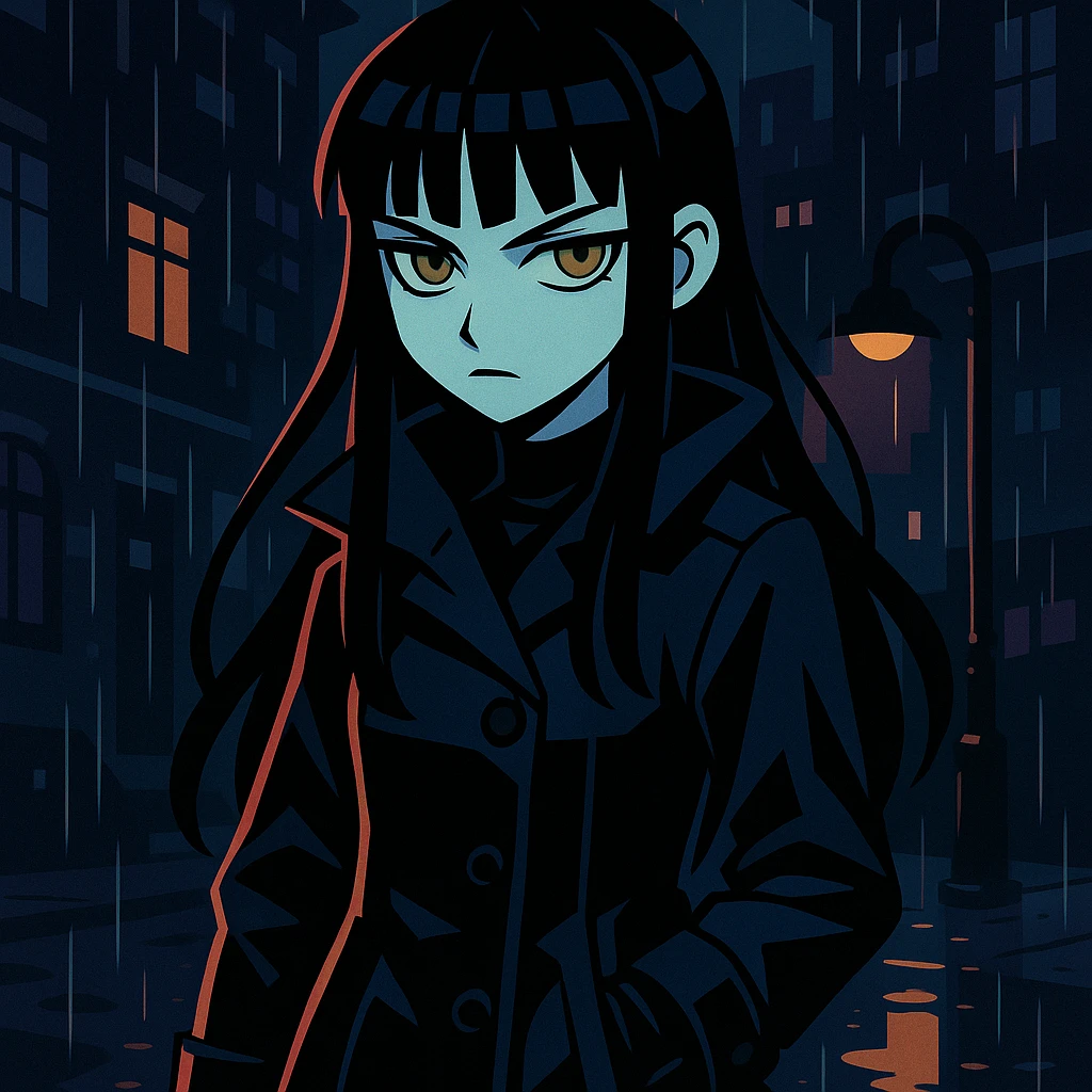 gothic shoujo anime girl named EchoMoon, long black hair, sharp bangs, pale skin, amber green eyes, cold expression, dark raincoat, gloves, standing in rainy urban setting, dramatic lighting, ultra-detailed, moody, dark palette emoji