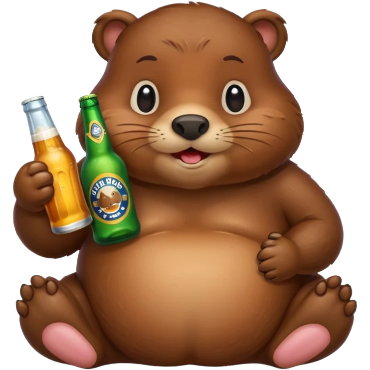 A chubby beaver hugging a beer bottle with both paws emoji