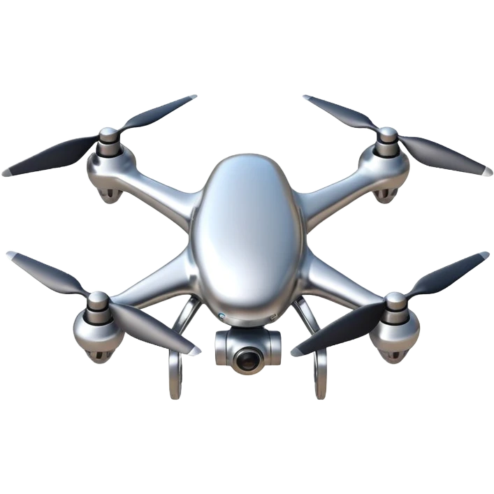 A futuristic drone emoji made of polished silver chrome, smooth rounded body, minimal propellers, reflective metallic surface, soft studio lighting, iOS emoji style, centered, clean white background emoji