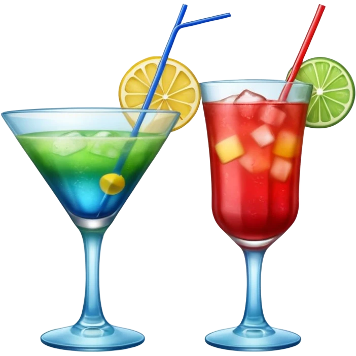 Create two emoji of clear red blended yellow cocktail, cheers with blue blended green cocktail, without any fruit, without skewers, without tube emoji