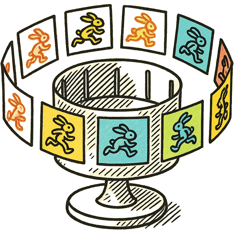 Make the zoetrope with vibrant, colorful animation frames around it, in the style of hand drawn icon with no fill emoji