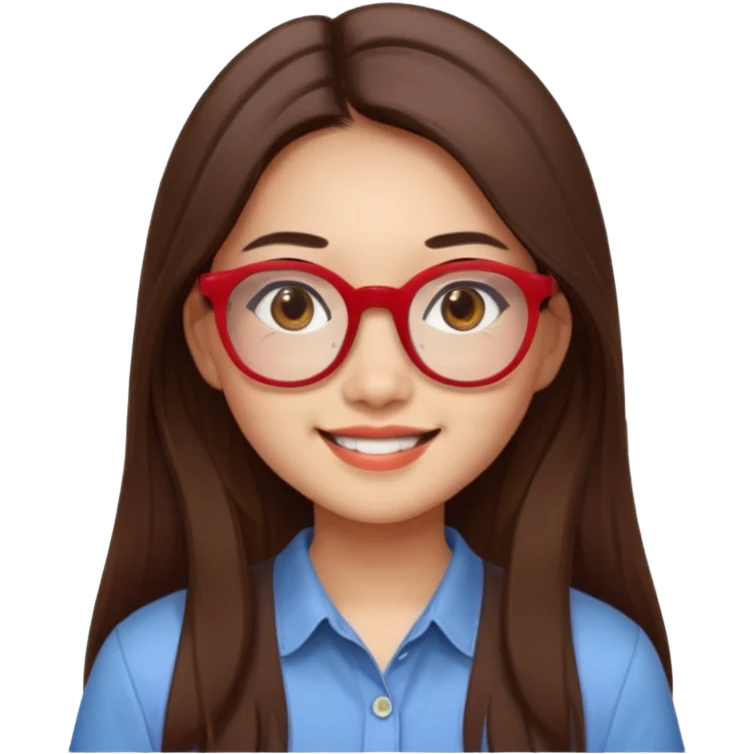 20 yr old asian woman, straight thick long brown hair, middle part, big red glasses, brown eyes, casual shirt emoji
