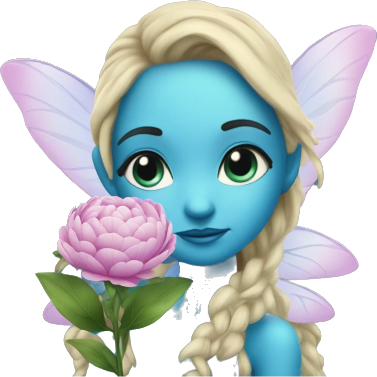 A fairy smells a blue blue glittery flower that looks like a peony emoji