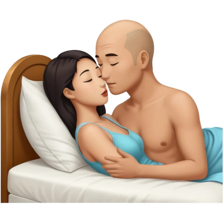 slightly balding asian man and asian woman naked in bed kissing hard emoji