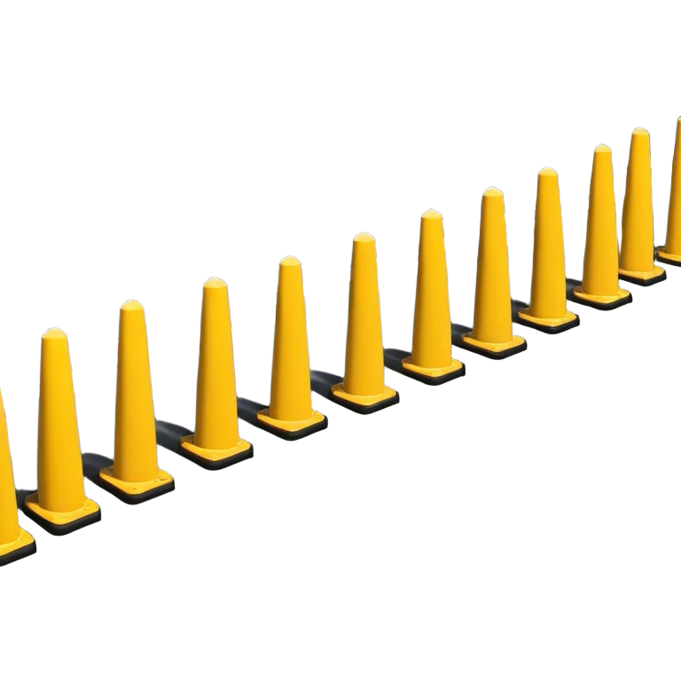 A boundary marked by a series of warning bollards lined up in a row, creating a clear division, with caution signs emphasizing the restricted area emoji