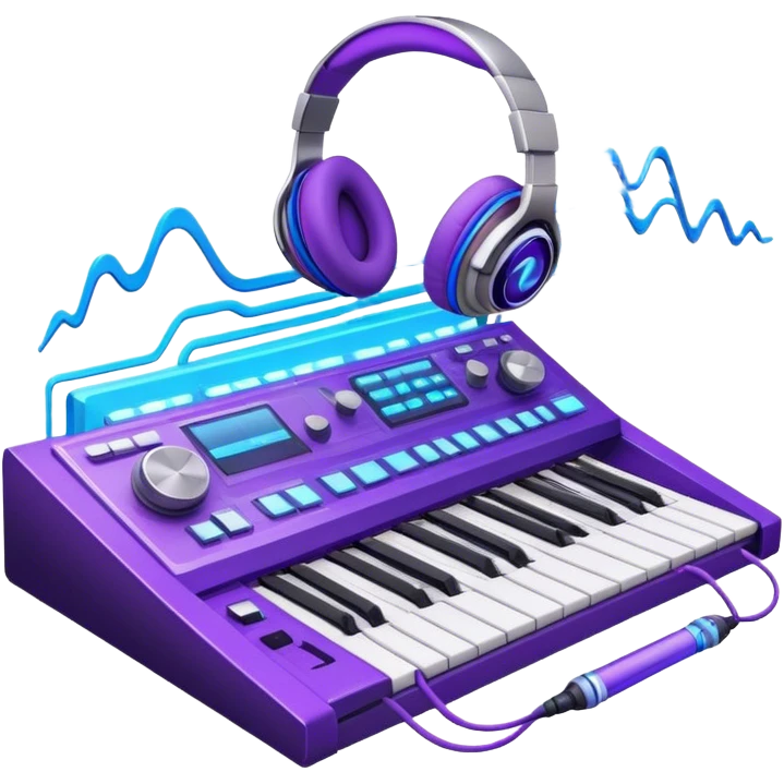 Create a sleek and modern emoji that represents sound design. The design should feature sound waves, a sound mixing console, and a pair of studio headphones to symbolize the process of creating and shaping sound. Include elements like a synthesizer or audio effects buttons to highlight the creative tools used in sound design. Use futuristic colors like neon blue, purple, and silver to convey the cutting-edge, experimental nature of sound creation. The background should be transparent. emoji