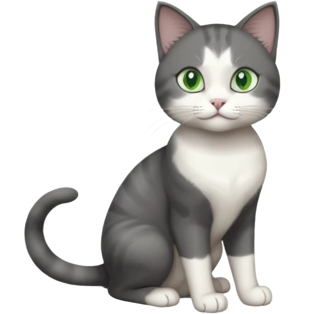 full body view of beautiful female solid dark grey cat with green eyes, white toes/paws and white patch on her chest emoji
