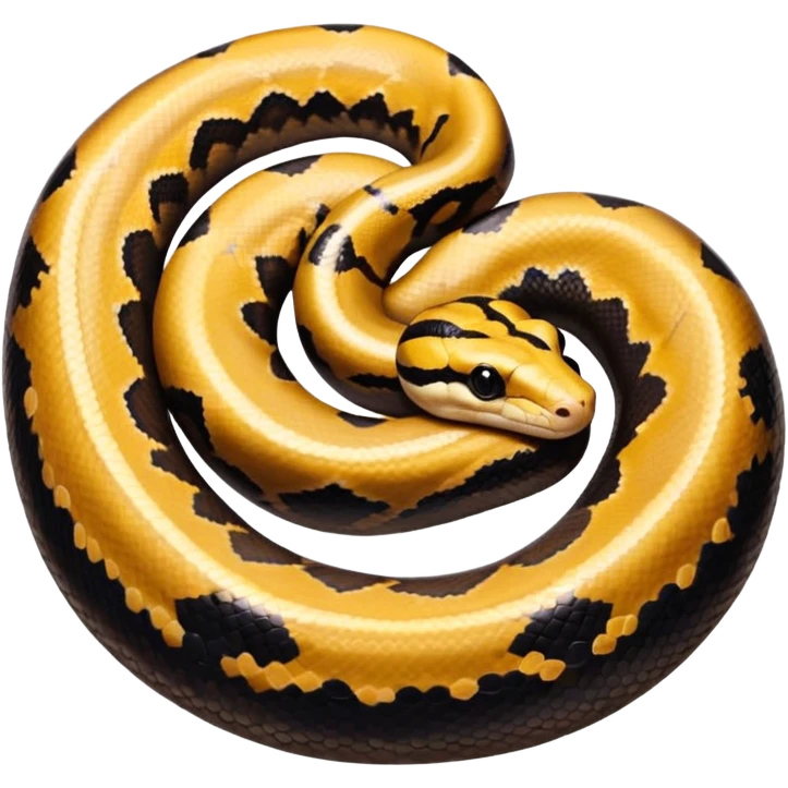 A photo-realistic top-down view of a Ball Python gently coiled into a tight spiral, with its head resting peacefully at the center. Its scales are warm brown with bold, irregular black markings, including the distinctive “alien-head” pattern, flowing smoothly along its body.  emoji