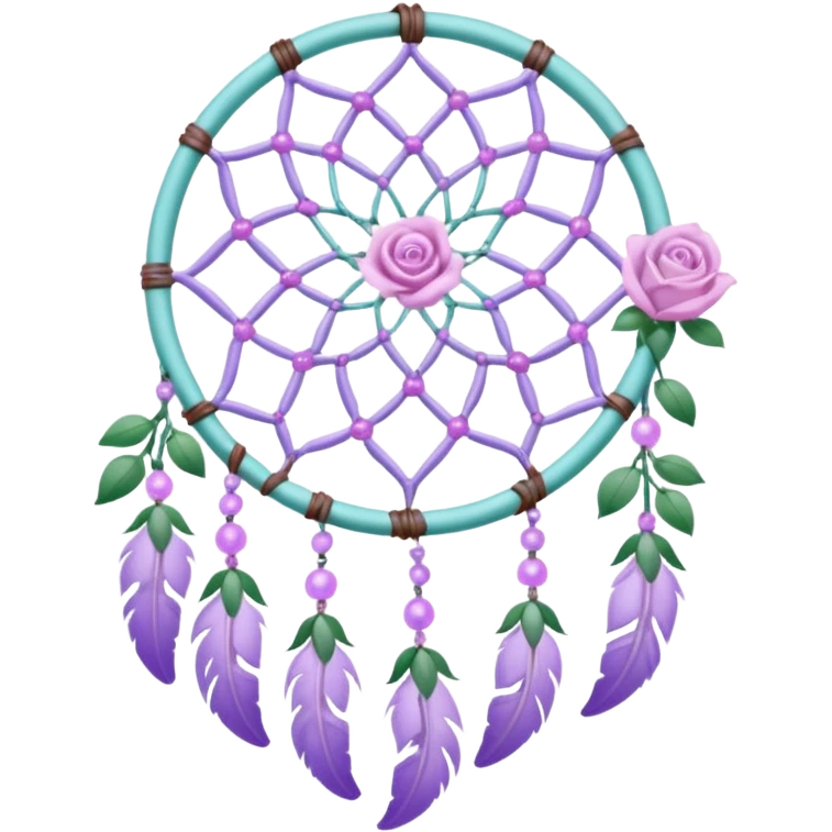 Lavender lilac pastel purple dreamcatcher-suncatcher with lavender flowers and lilac flowers attached, cyan beads, white beads, rose-pink beads, green leaves emoji