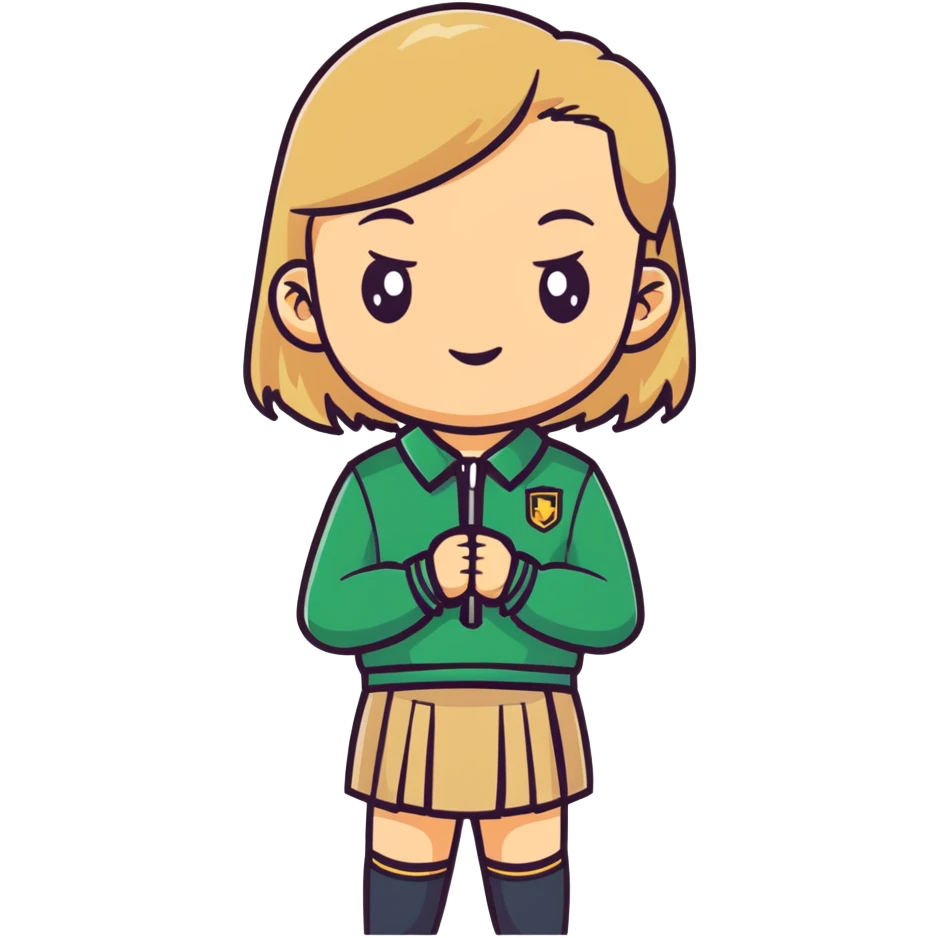 girl in a school uniform wearing a green polo, beige skirt, grey zipper jacket emoji