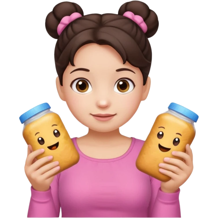 Cute small Toddler emoji with two buns dark brown hair, fair skin, in pink top, holding toddler snacks emoji