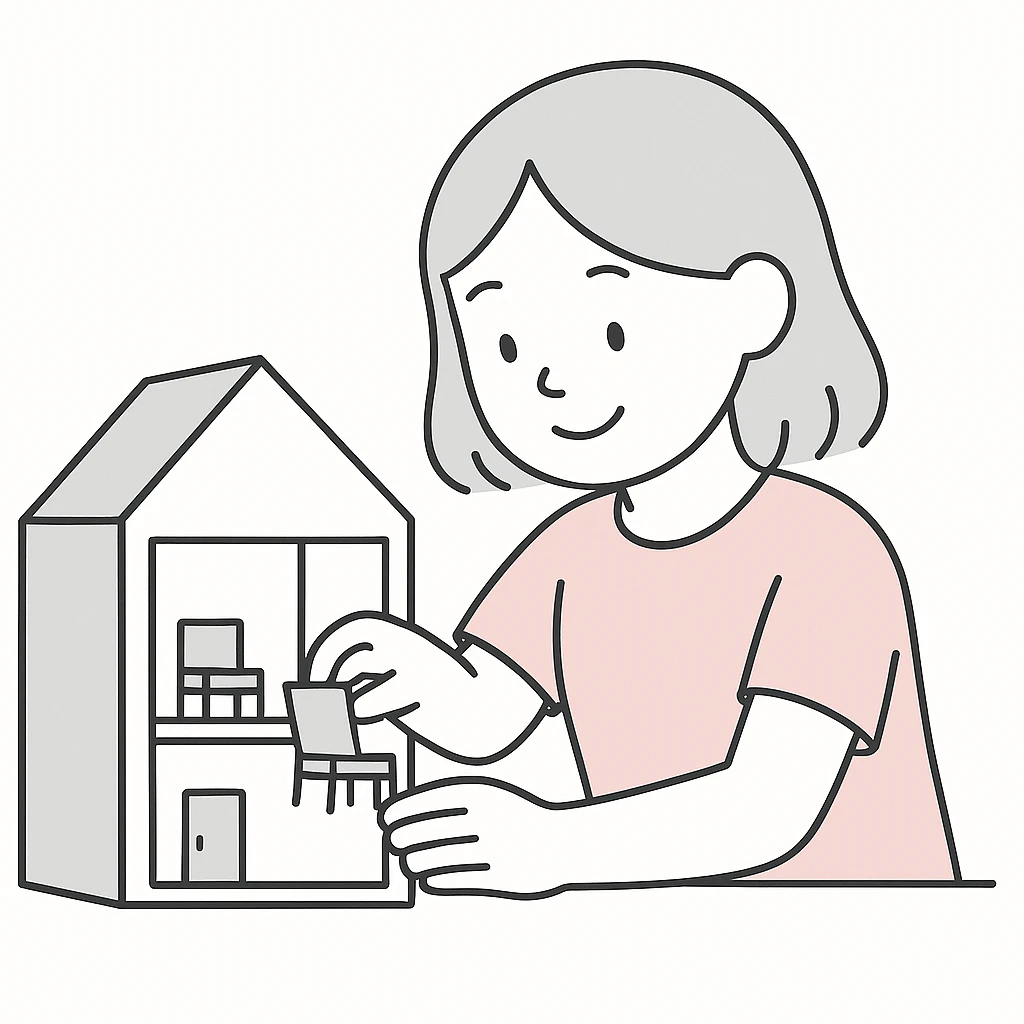 smiling girl arranging furniture in doll house emoji