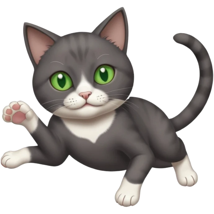 dark grey cat with green eyes, white toes/paws and white patch on her chest playfully rolling upside down emoji