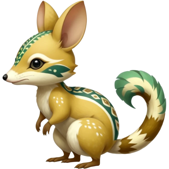 Tropical Exotic Colorful Beige-yellow, Jade-green, white specks, Floral Feathery Numbat-Bilby-Quoll-Furret-Fakémon-furry-fursona-creature (full body) with tribal markings emoji