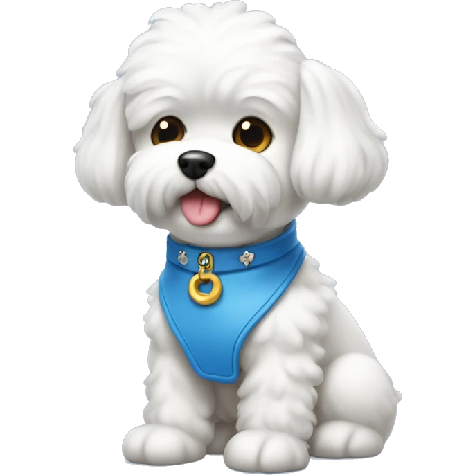 Perro bichon maltes con collar azul, con plaquita en forma de hueso emoji