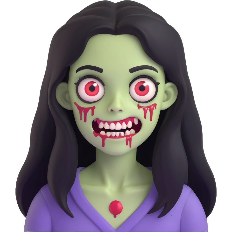 girl zombie with black long hair with teeth and serious face emoji