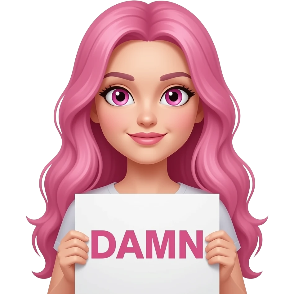 sexy girl with long pink hair and pink eyes wearing a holding a DAMN sign emoji
