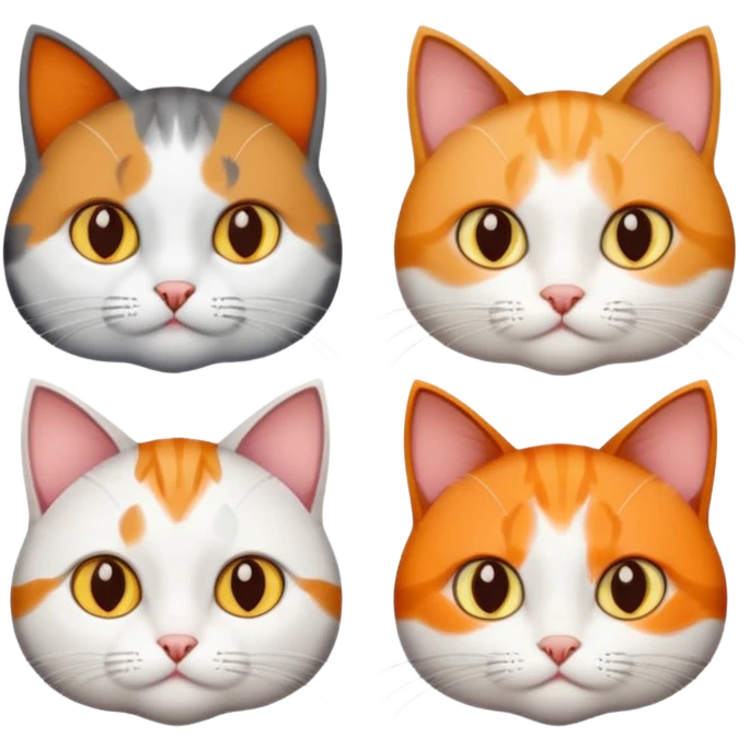 4 different coloured short haired cats including; a dark brown tabby and white cat, and a dark grey and white  emoji