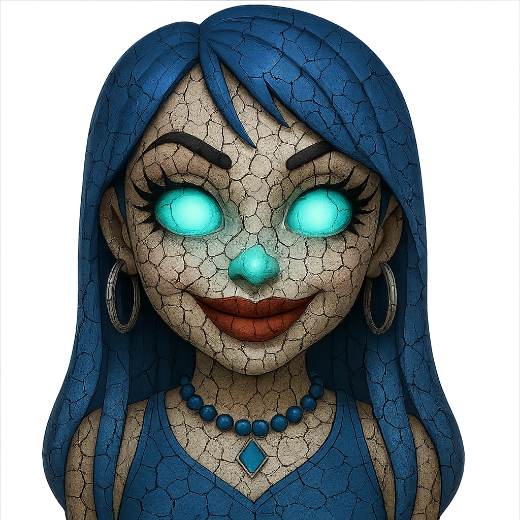 Add cracked porcelain effect to the emoji, keep glowing eyes, creepy gyaru style, blue hair, pretty makeup, bratz baddie vibe, emoji style, with no background. emoji