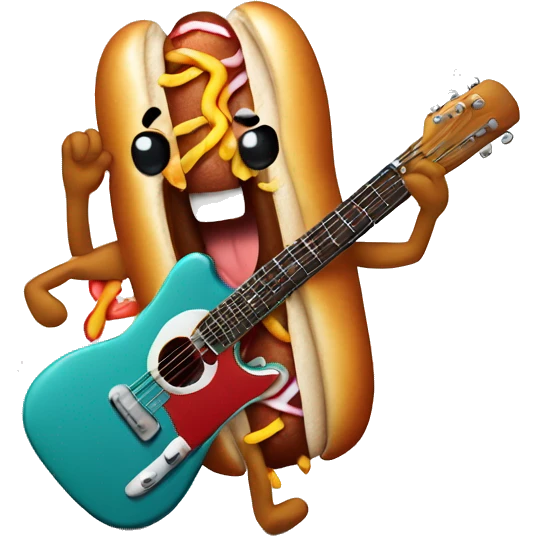 A hot dog rocking out with a guitar and one sock on emoji