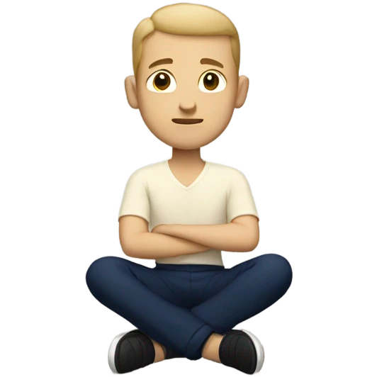 Light skinned man meditating sitting down with cream shirt and navy blue pants.  emoji