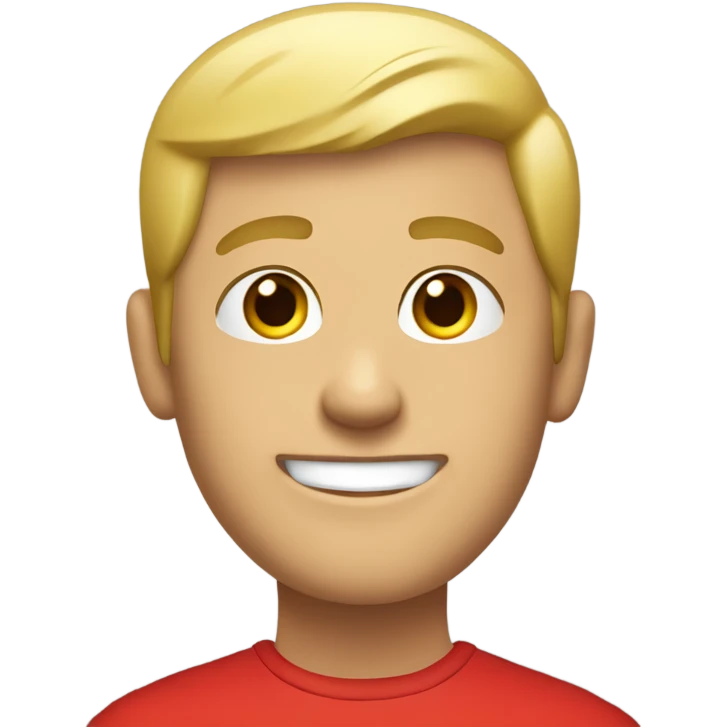 A blonde guy with very short hair wears a red t-shirt and poses with a smile emoji
