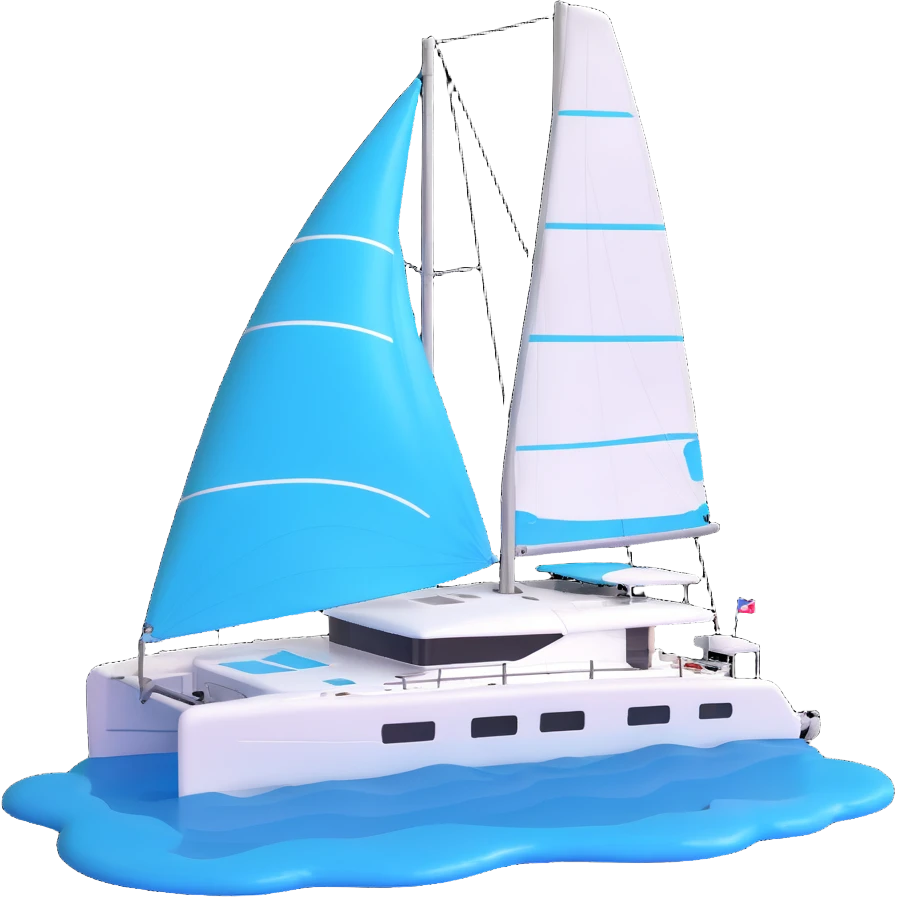 a lagoon 42 catamaran with no wording on the boat and an i message chat bubble icon coming out the top of the boat  emoji