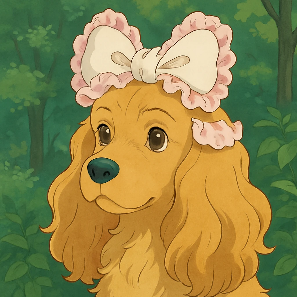 Blonde cocker spaniel with a big frilly white and pink rococo bow on top of its head  emoji