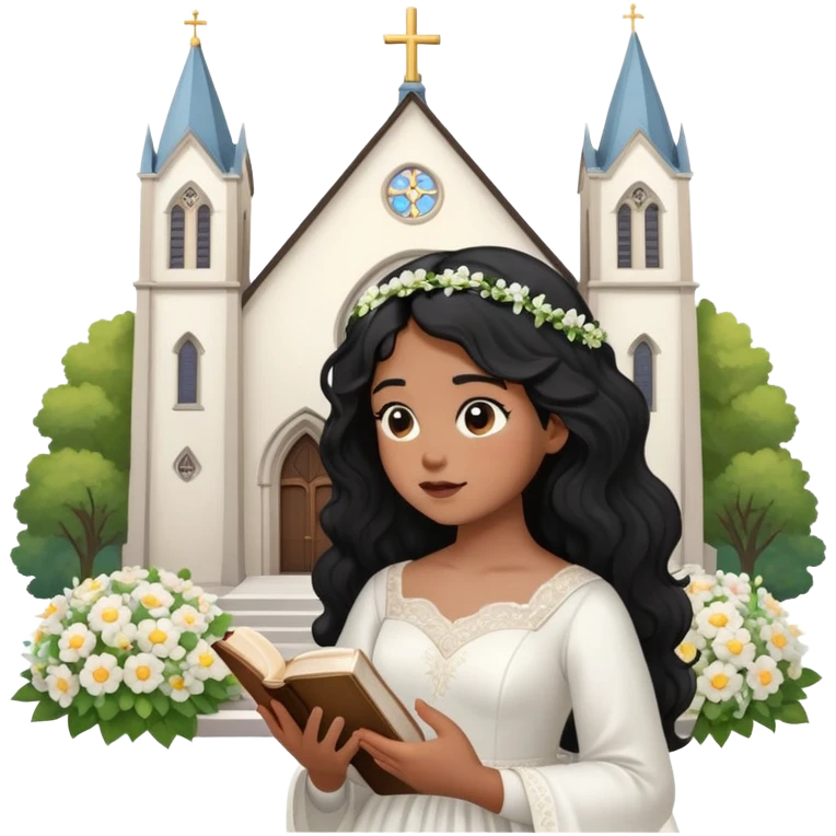 Chica cabello ondulado negro, piel mestiza, con un lunar en el pululo izquierdo, pensado en Dios una biblia , una iglesia, tener una boda, tener hijos, una casa, flores, cantar  emoji