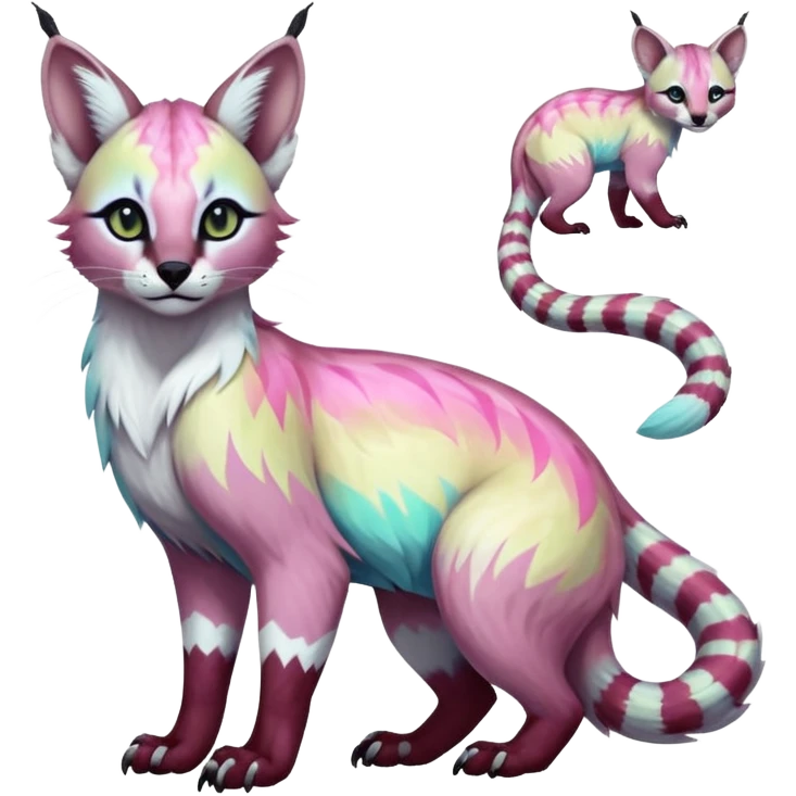 Colorful tropical tribal pale light fruity pastel white glorious iridescent divine exotic cute albino neon vibrant zigzagged cool beautiful fantasy-caracal-civet-genet-sergal-vernid-Gryphon-Cacomistle-Trico-oncilla-animal-Fakémon-hybrid-fursona (full body), facial markings,  emoji