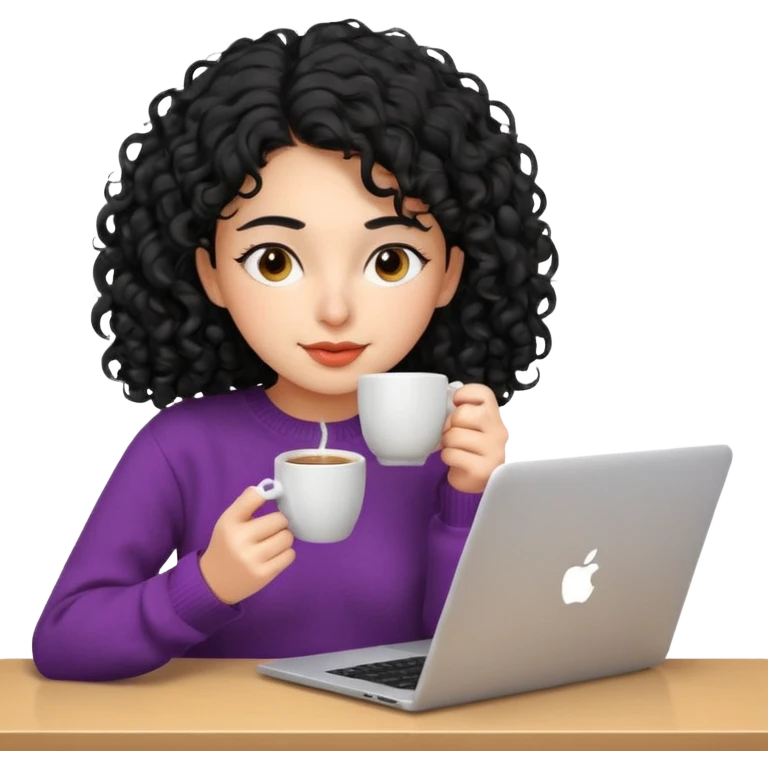 young Persian woman, 20 years old, black curly hair, wearing a sweater, sipping coffee while looking at a laptop, relaxed mood, 3D Apple emoji style emoji