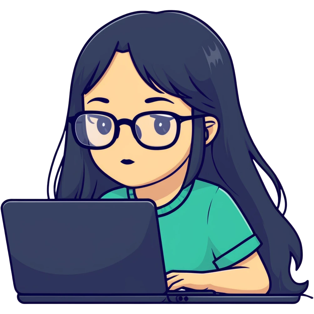 Girl with long black hair, glasses, nostril piercing, and a computer emoji