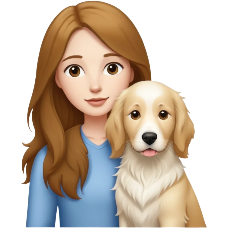 White girl with long brown hair and an English cream retriever emoji