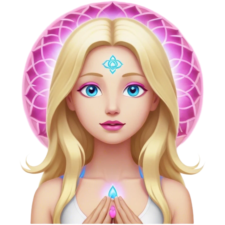 A cinematic realistic blonde with long hair, blue eyes and pink lips
meditates, her 7 chakras glow. emoji