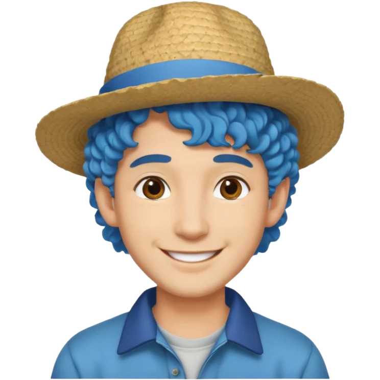 mid blue haired man curly hair and big earrings and and hat wearing emoji
