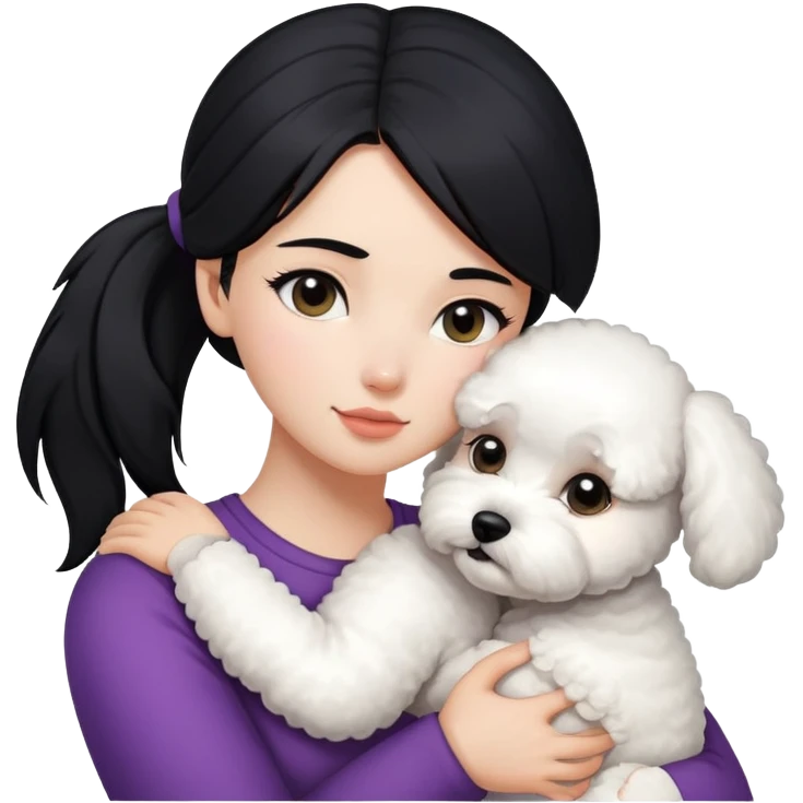 One long face girl with straight black hair in a ponytail，hugging one Bichon frise emoji